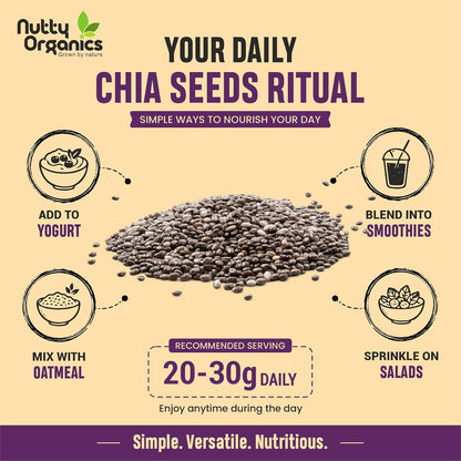 NUTTY ORGANICS Chia Seeds | Clean Chia Seeds for Eating | Seeds for Weight Management- Rich in Calcium, Protein & Fiber, Healthy Snacks