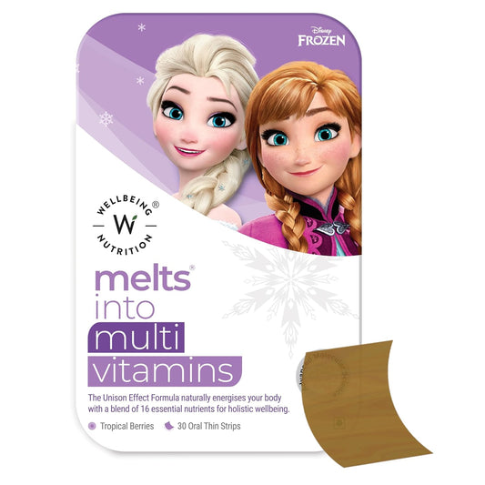 Wellbeing Nutrition Disney Frozen Melts® Multivitamins for Kids (6+) | 100% RDA Vegan Kids supplements for Growth & Development | Vitamins A, B-Complex, C, D & Iron | Tropical Berry | 30 Oral Strips