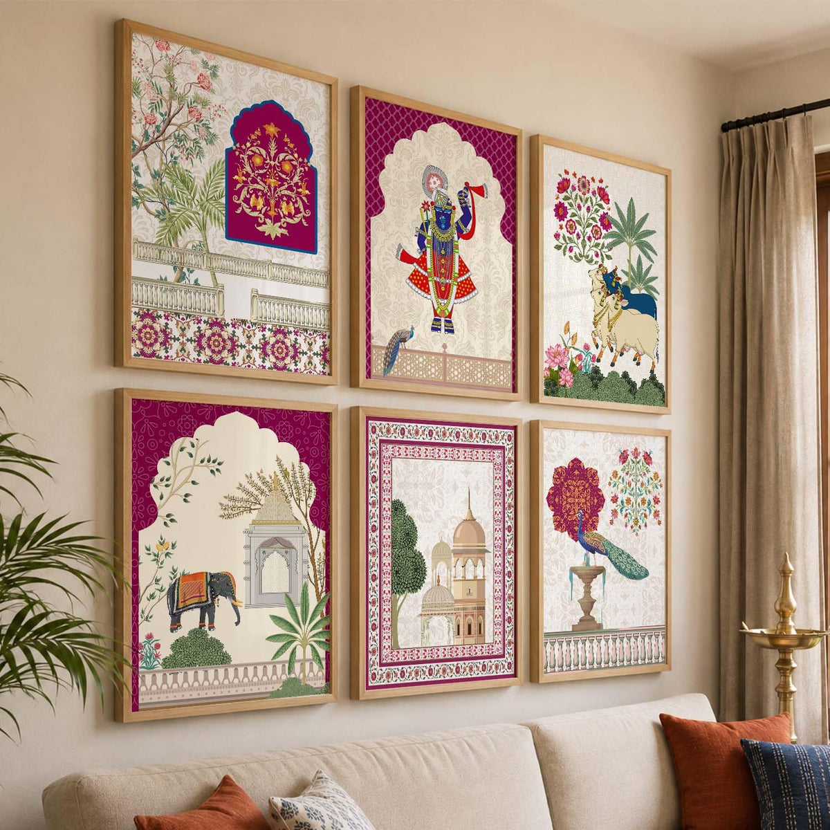 Indian Traditional Madhubani & Pichwai Wall Art | Framed Paintings for Living Room, Bedroom & Office Decor | Set of 6, 10x13 Inch