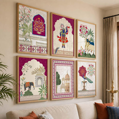 Indian Traditional Madhubani & Pichwai Wall Art | Framed Paintings for Living Room, Bedroom & Office Decor | Set of 6, 10x13 Inch