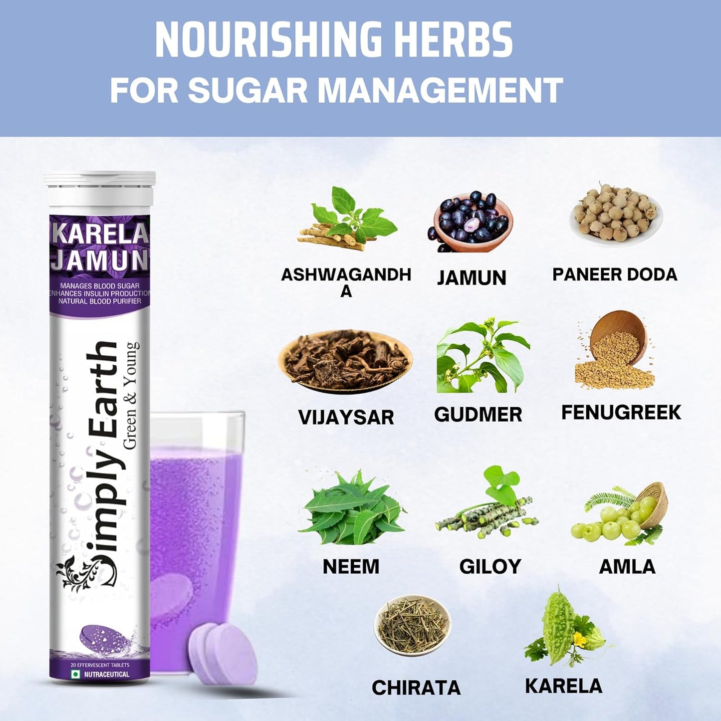 Simply Earth Karela Jamun Fizz Effervescent (Karela Jamun Juice)| Helps in High Sugar Conditions | Herbal Diabetes Management| Boosts Digestive Health| - 40 Effervescent Tablets