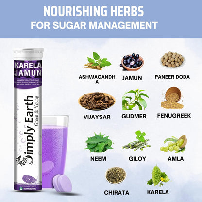 Simply Earth Karela Jamun Fizz Effervescent (Karela Jamun Juice)| Helps in High Sugar Conditions | Herbal Diabetes Management| Boosts Digestive Health| - 40 Effervescent Tablets