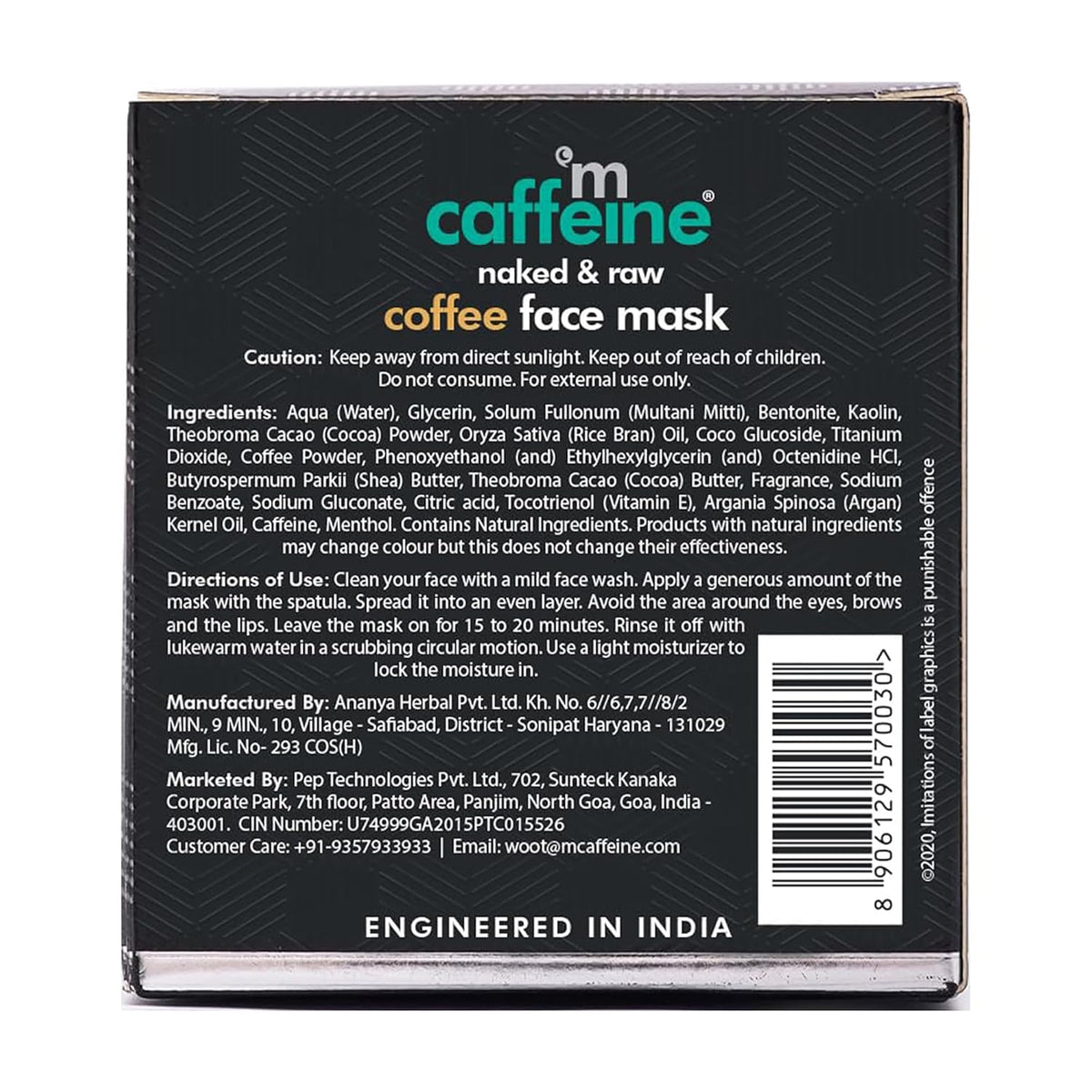 Back of a coffee face mask packaging with branding and ingredient list.