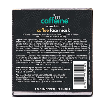 Back of a coffee face mask packaging with branding and ingredient list.