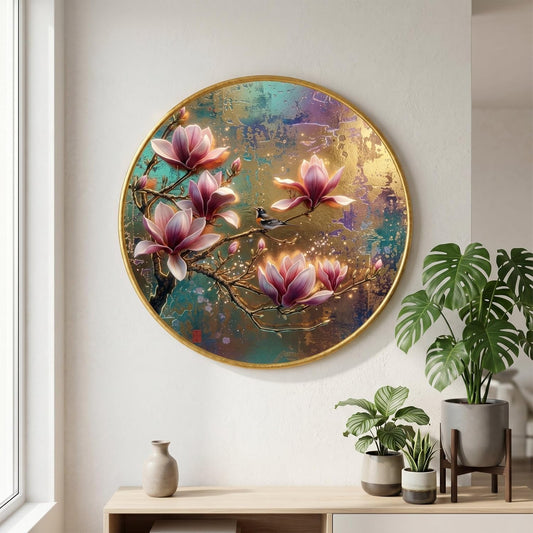 Magnolia Flower Wall Painting with Golden PVC Frame Round Bird Floral Art Modern Luxury Wall Decor for Living Room Bedroom Office Home Decorative Elegant Gift Item (16 x 16 Inch) GRM-360