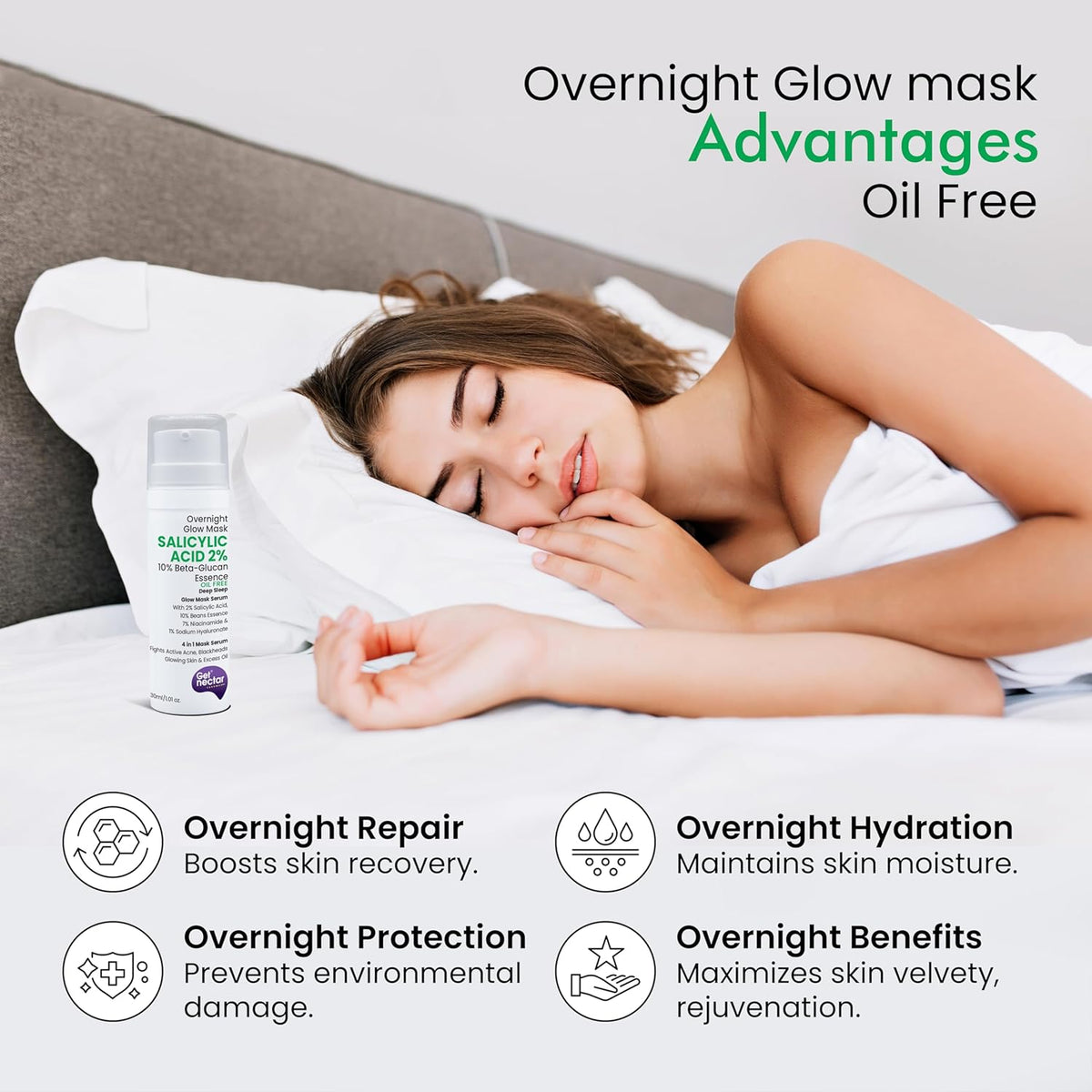 Woman sleeping with an overnight glow mask and its benefits listed.
