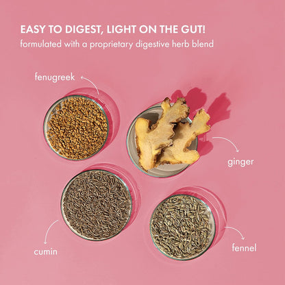 Herbs including fenugreek, ginger, cumin, and fennel on a pink background with text about digestive health.