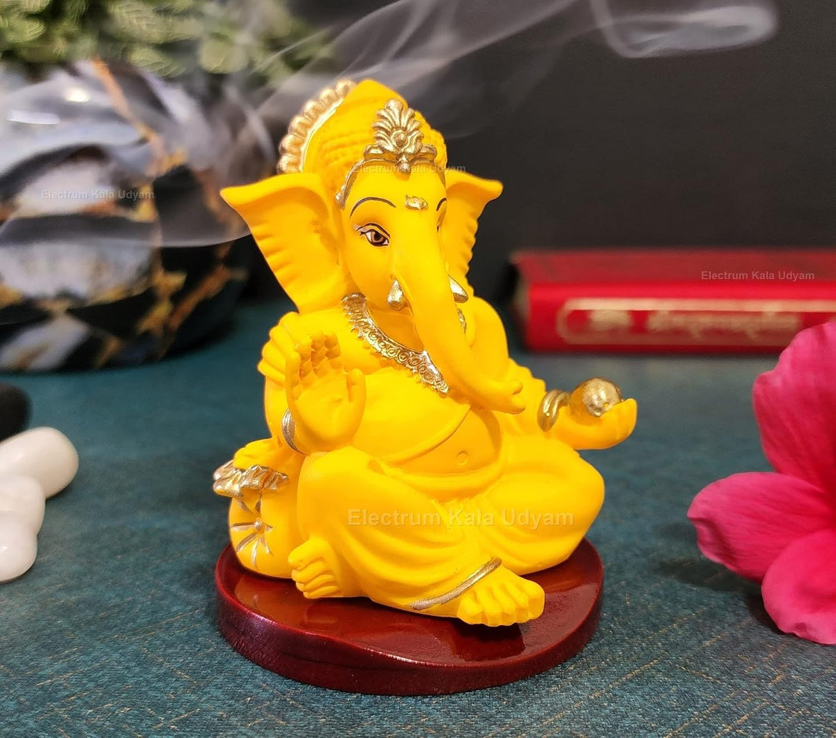 Handcrafted Poly Resin Ganesha Statue with Base - Perfect for Car Dashboard, Office Desk, Shelves, and Home Decor - Ideal Housewarming Gift! (GaddiMangowithbase)