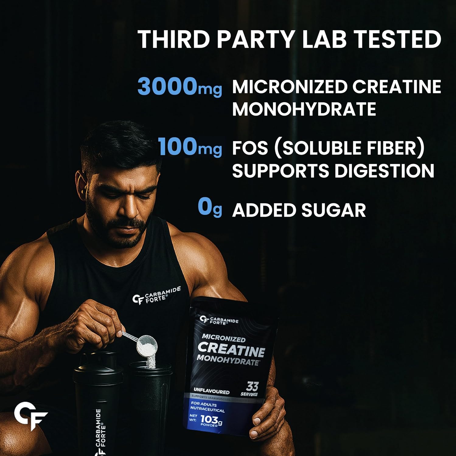 Man holding a creatine supplement with product details on a black background