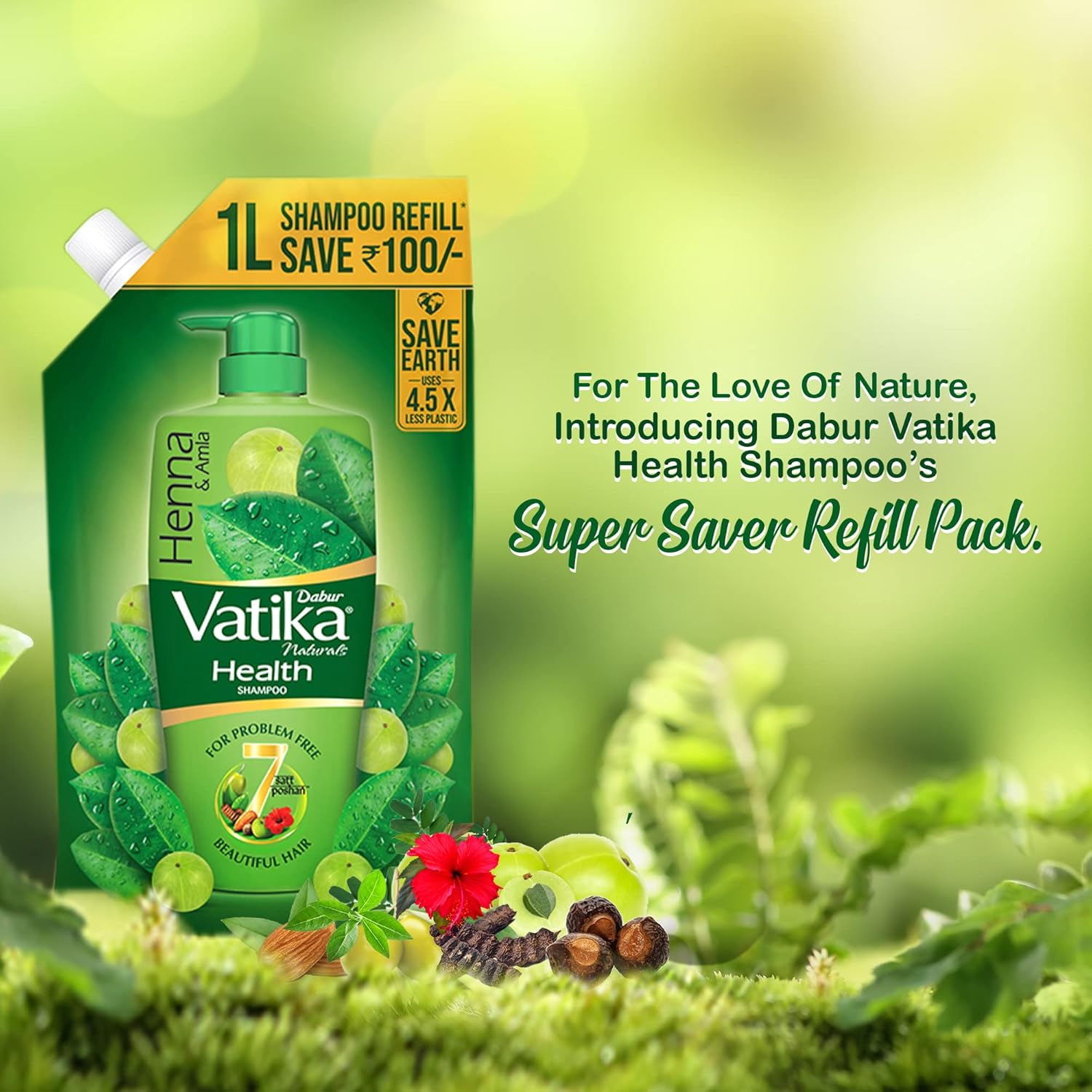 Dabur Vatika Health Shampoo refill pack with green leaves and flowers in the background