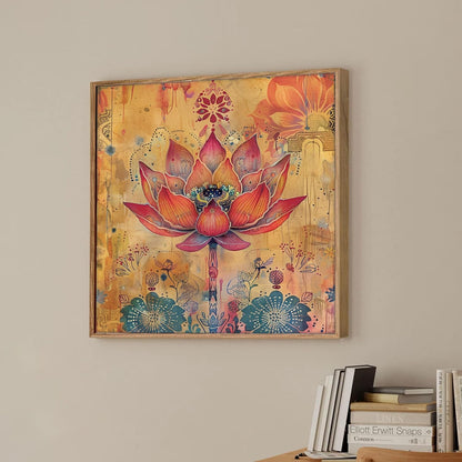 Floral Vastu Lotus Framed Canvas Wall Art Painting for Living Room | Bohemian Botanical Artwork Painting with Frame | Modern Decorative Wall Décor for Home, Bedroom & Office, 23x23 Inch
