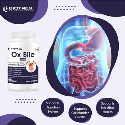Biotrex Nutraceuticals OX BILE EXTRACT 125mg, 45% CHOLIC ACID, Supports Gallbladder Health & Supports Healthy Digestion, Bile Synthesis Support, (Gluten Free & Non-GMO) - 90 Capsules