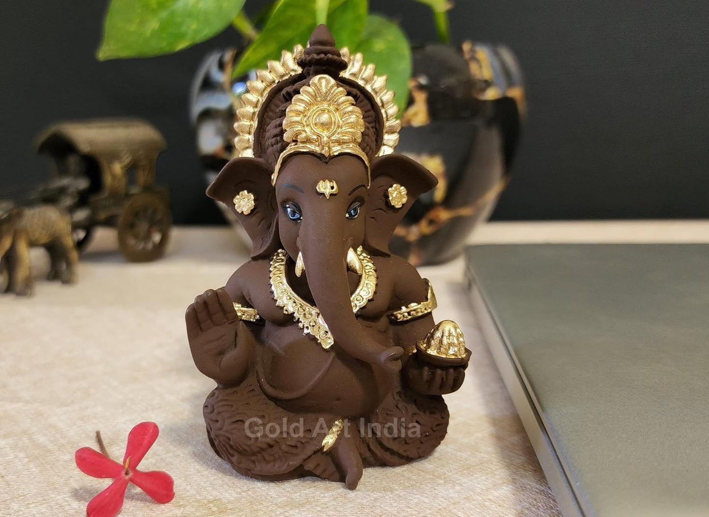 Gold Art India Brown Terracotta Idol for Ganesh Idol for Car Dashboard God Ganesha Idol for Home Decor Ganpati for Gift 3.5 inches (Brown Terracotta), Idol