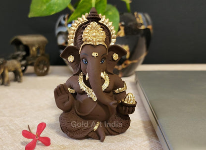 Gold Art India Brown Terracotta Idol for Ganesh Idol for Car Dashboard God Ganesha Idol for Home Decor Ganpati for Gift 3.5 inches (Brown Terracotta), Idol