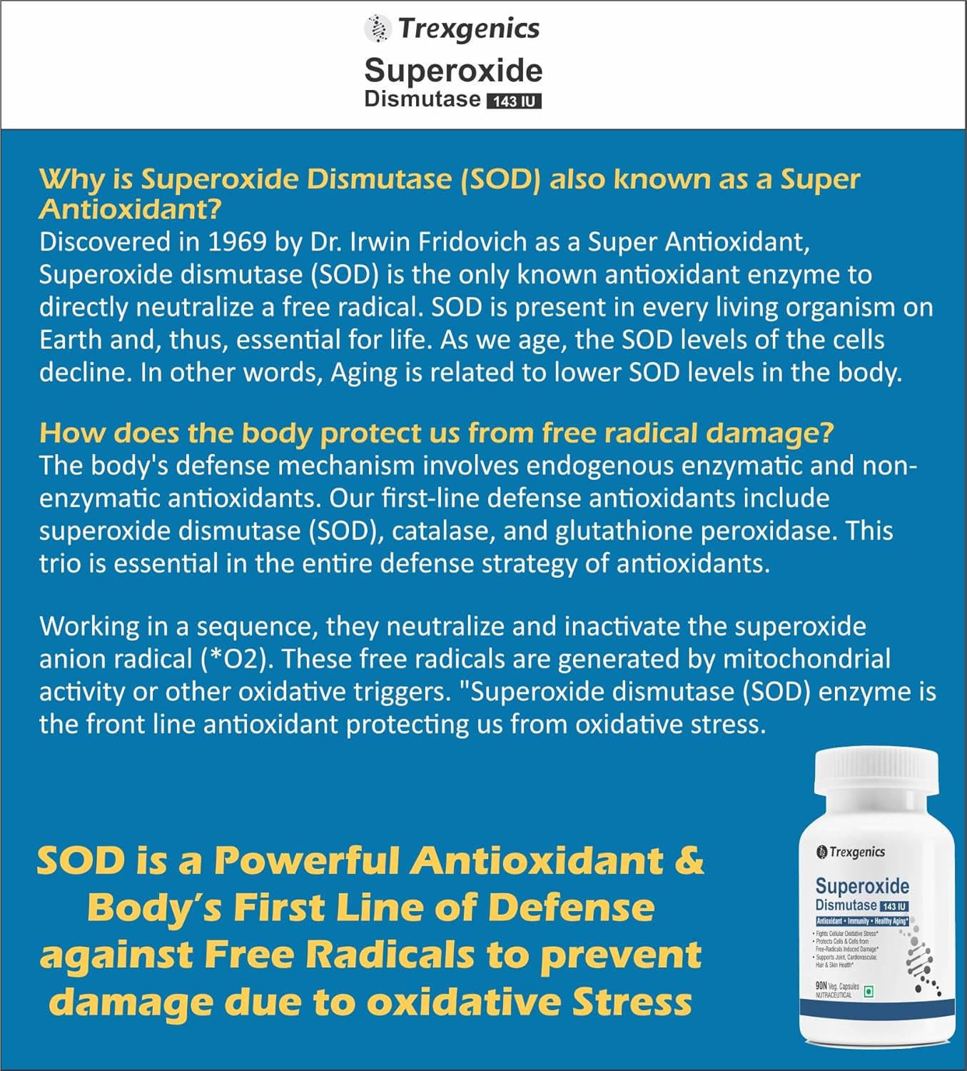 Trexenics Superoxide Dismutase supplement with educational text about antioxidants on a blue background