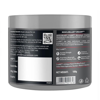 MuscleBlaze Micronised Creatine Monohydrate CreAMP Powder, Unflavoured (32 Servings, 100g) | Trustified Certified Creatine