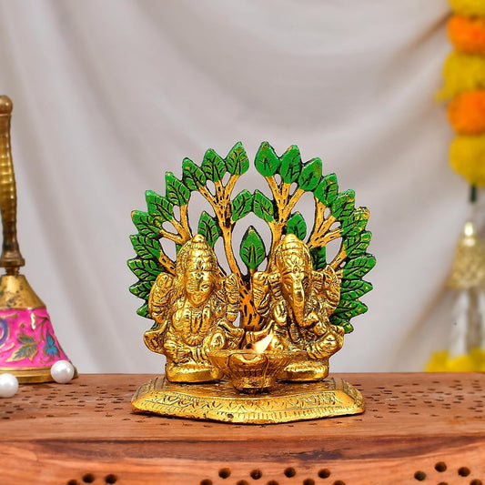 Diya Lakshmi Ganesha Idol for Diwali Decoration Gift Items for Home Decor - Aluminium Laxmi Ganesh Murti for Diwali Pooja & Office Decor, Diwali Festival Gift Item, Gold, 8cm, 9cm