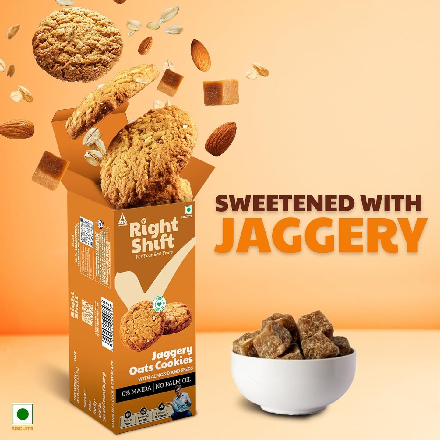 Right Shift Jaggery Oats Cookies, 100g| No Palm Oil, High Fibre Digestive| 3X Oats| 0% Maida, Refined Sugar| With Nuts & Seeds| Anytime Snack