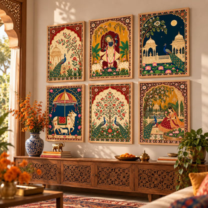 Madhubani Paintings Set of 6 Traditional Indian Folk Art Wall Painting With Frame for Living Room Bedroom Hotel Wall Decor Digital Reprint (10X13 Inch)