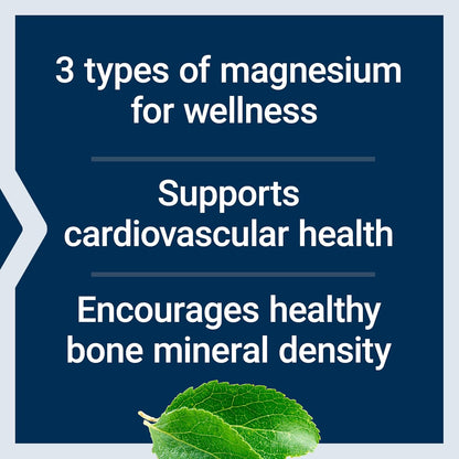 Text about magnesium benefits on a blue background with a green leaf.