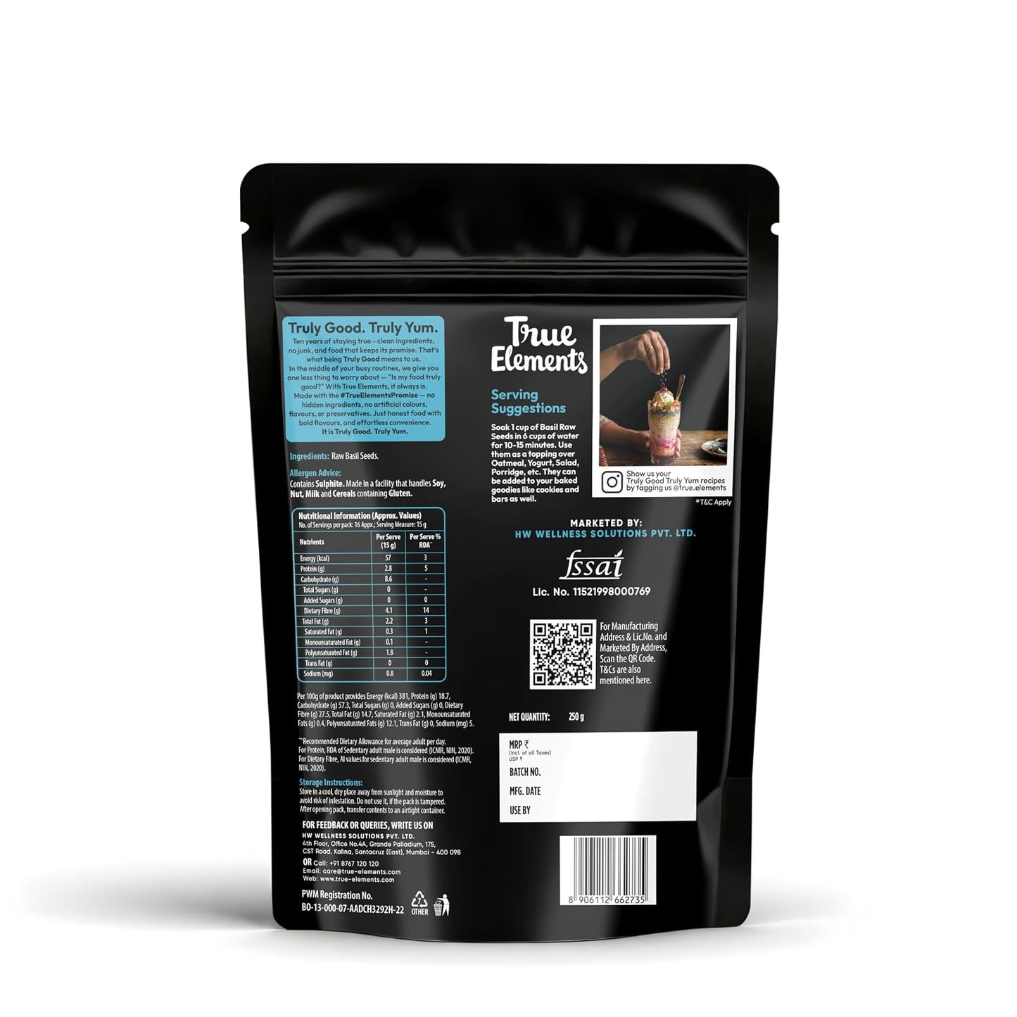 True Elements Basil Seeds 250g - Sabja Seeds | High Fibre and Omega 3