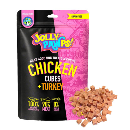 Jolly Pawps Chicken + Turkey Cubes Dog Treat – 90% Prime Cut Meat, Lab Tested, Grain Free Treats, 0% Salt or Sugar, Dog Treats for Adult Dogs & Puppies 85g