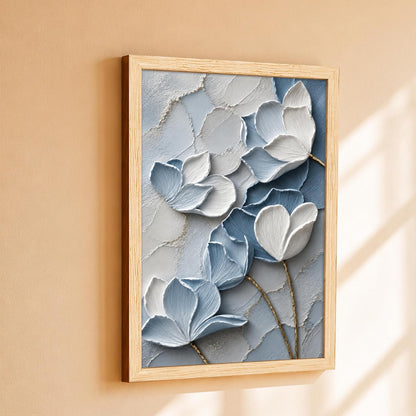 Modern Abstract 3D Textured Floral Painting for Living Room, Blue & White Magnolia Motifs Rectangular Shape Framed Wall Painting for Home Decor (Size: 8x12 Inch)