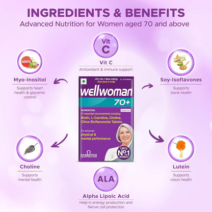 WELLWOMAN 70+ Multivitamins For Women Over Age 70 With Biotin,Isoflavones,Zinc,Vitamind To Support Physical & Mental Health,Improve Cognitive Function & Energy Levels Vegetarian,1 count,30 capsules