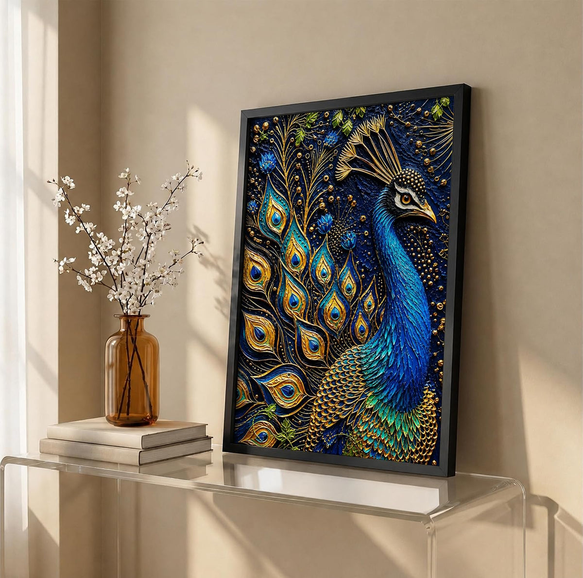 Royal Peacock Framed Wall Art, Black, 10x13 Inches