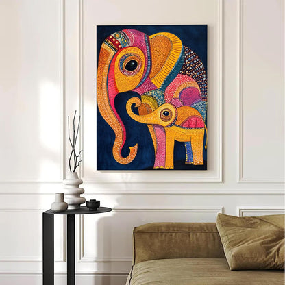 Gond Art of Elephants Wall Paintings for living room, Elephaint Pair Wall Art Paintings for bedroom, office, stretched canvas, 16x22 Inch