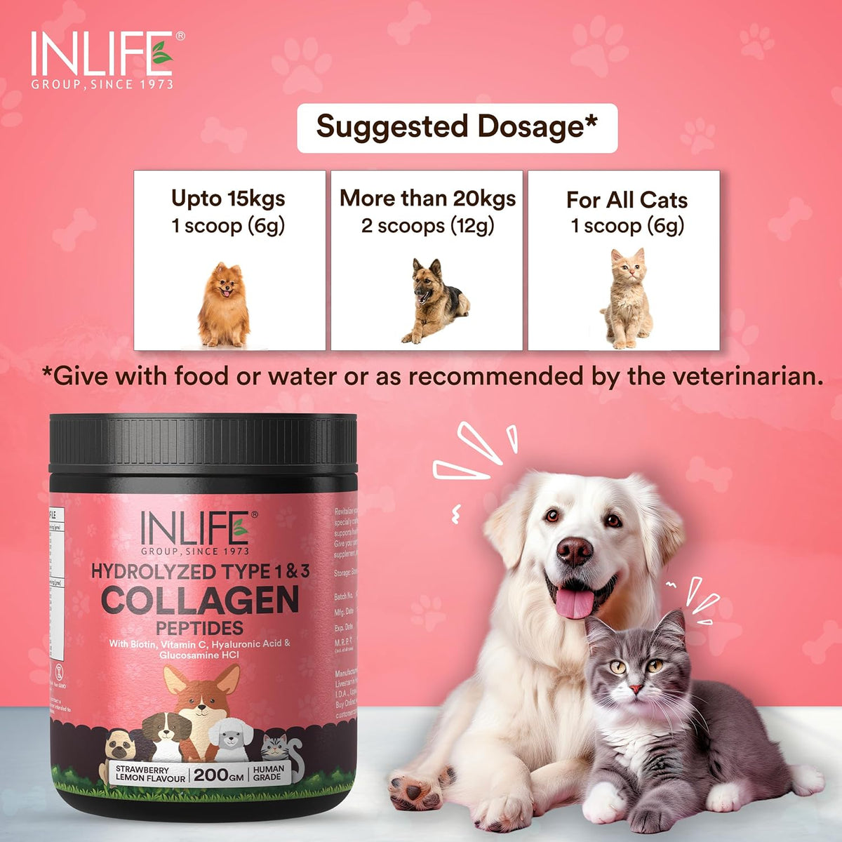 INLIFE Collagen Peptides Supplement Dogs Cats, Glucosamine 200g Strawberry | Joint Lubrication, Synovial Fluid, Immune Health, Antioxidant Activity, Human Grade, Palatable