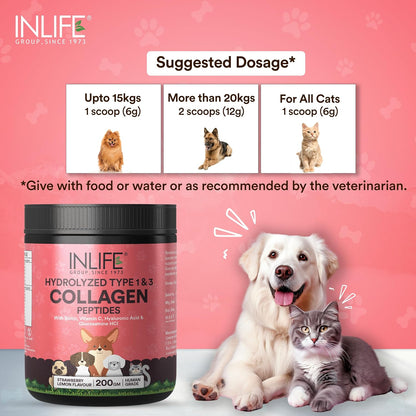 INLIFE Collagen Peptides Supplement Dogs Cats, Glucosamine 200g Strawberry | Joint Lubrication, Synovial Fluid, Immune Health, Antioxidant Activity, Human Grade, Palatable