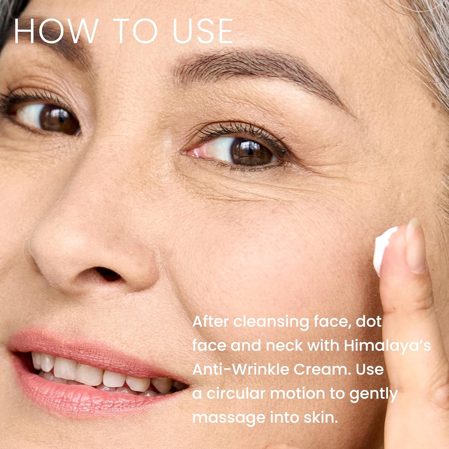 Woman applying Himalaya Anti-Wrinkle Cream to her face with text on how to use it.