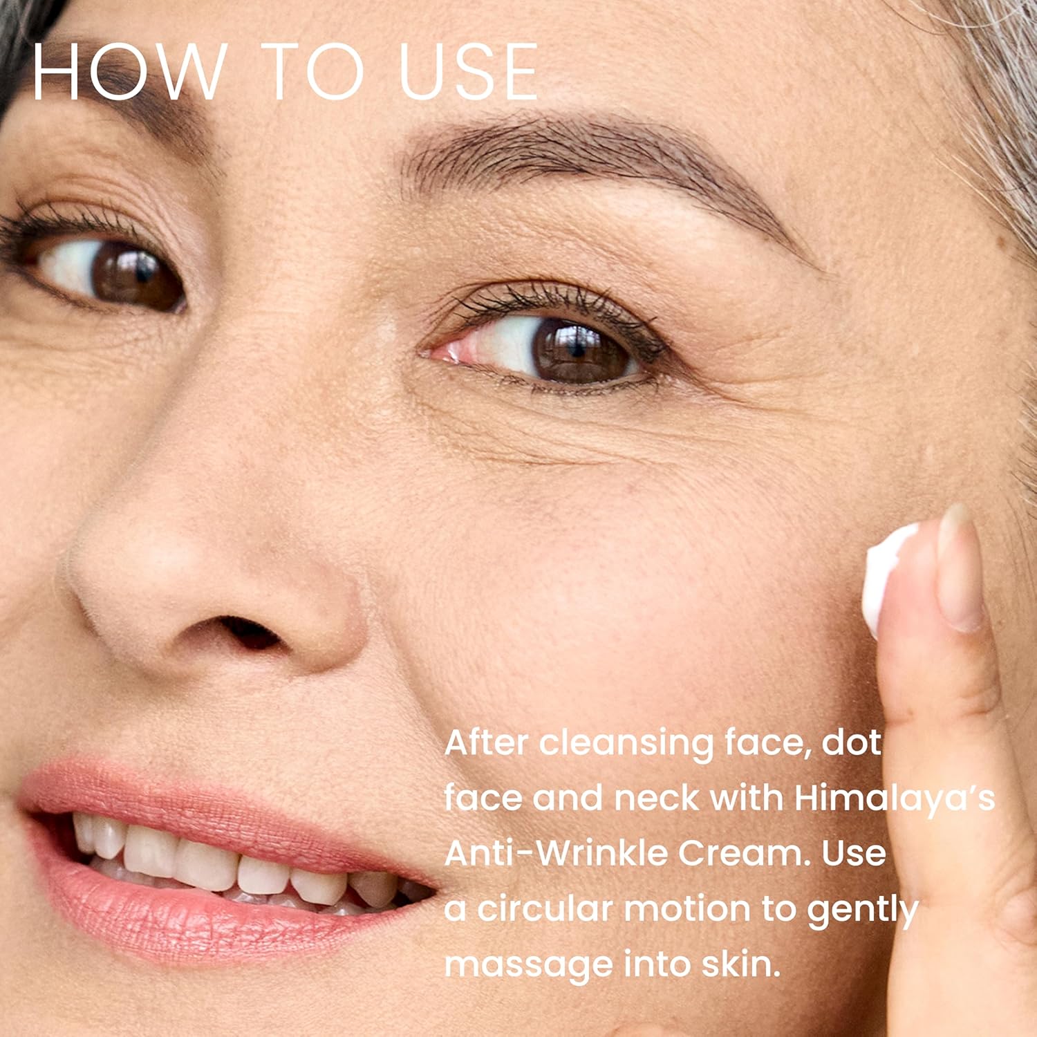 Woman applying Himalaya Anti-Wrinkle Cream to her face with text on how to use it.