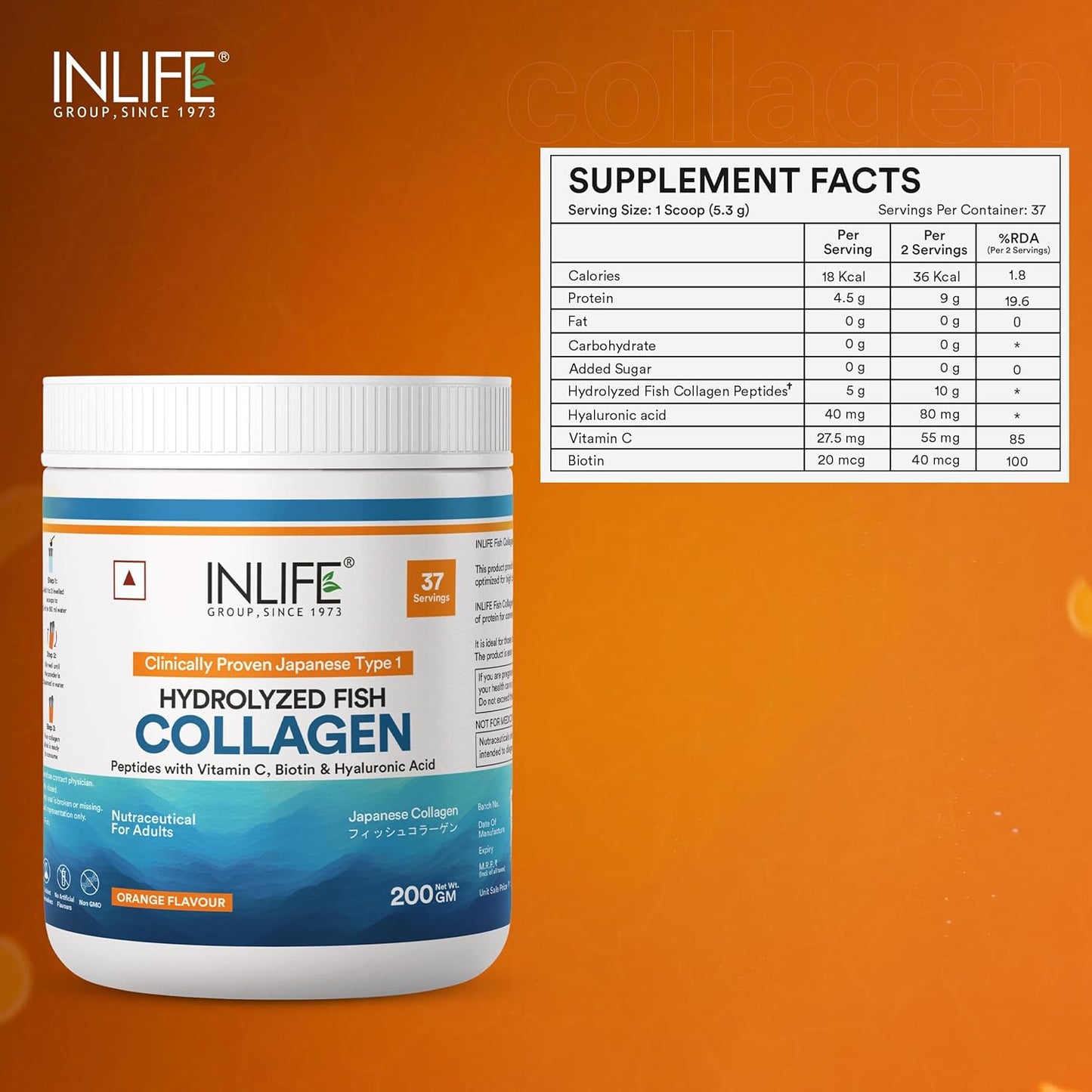 INLIFE Japanese Marine Collagen Supplements for Women & Men | Fish Collagen Powder for Skin & Hair | Clinically Proven Ingredient with Biotin, Hyaluronic Acid, Vitamin C & Glucosamine (200g, Orange)
