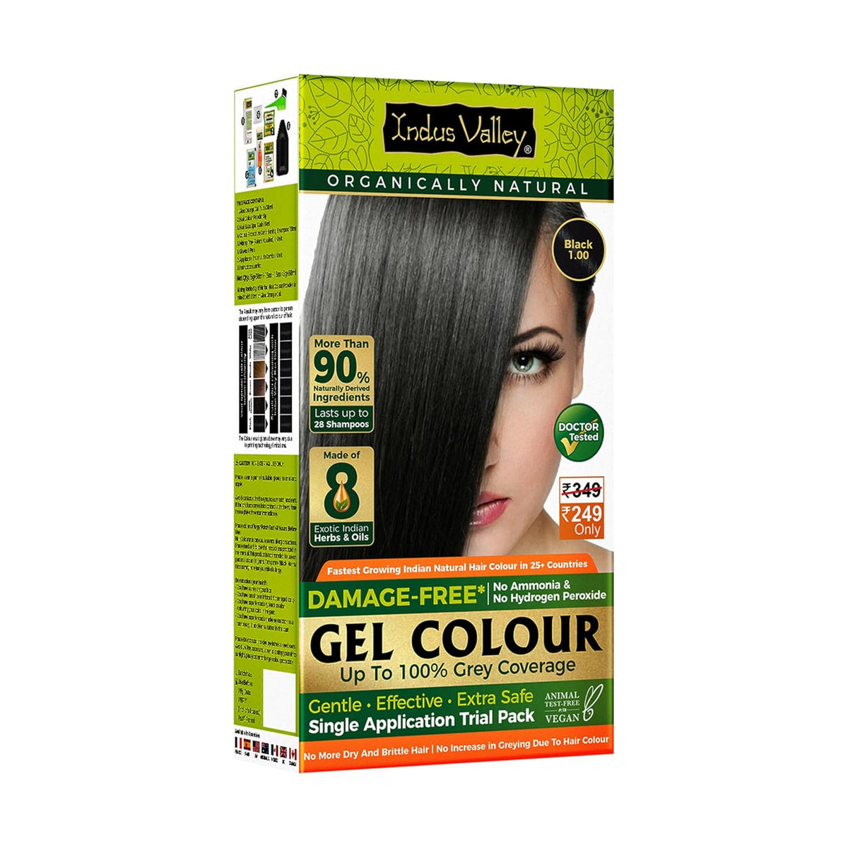 Indus Valley gel colour packaging with a woman's face on a white background
