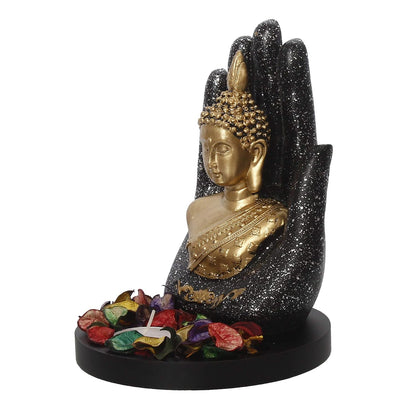 eCraftIndia Black Golden Resin Palm Buddha Statue Tea Light Candle Holder Showpiece