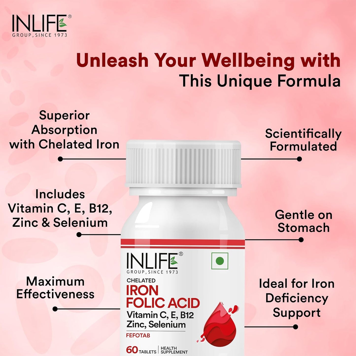 INLIFE Chelated Iron Folic Acid Supplement with Vitamin C, E, B12, Zinc & Selenium for Men Women - 60 Vegetarian Tablets (Pack of 1)