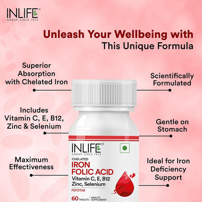 INLIFE Chelated Iron Folic Acid Supplement with Vitamin C, E, B12, Zinc & Selenium for Men Women - 60 Vegetarian Tablets (Pack of 1)
