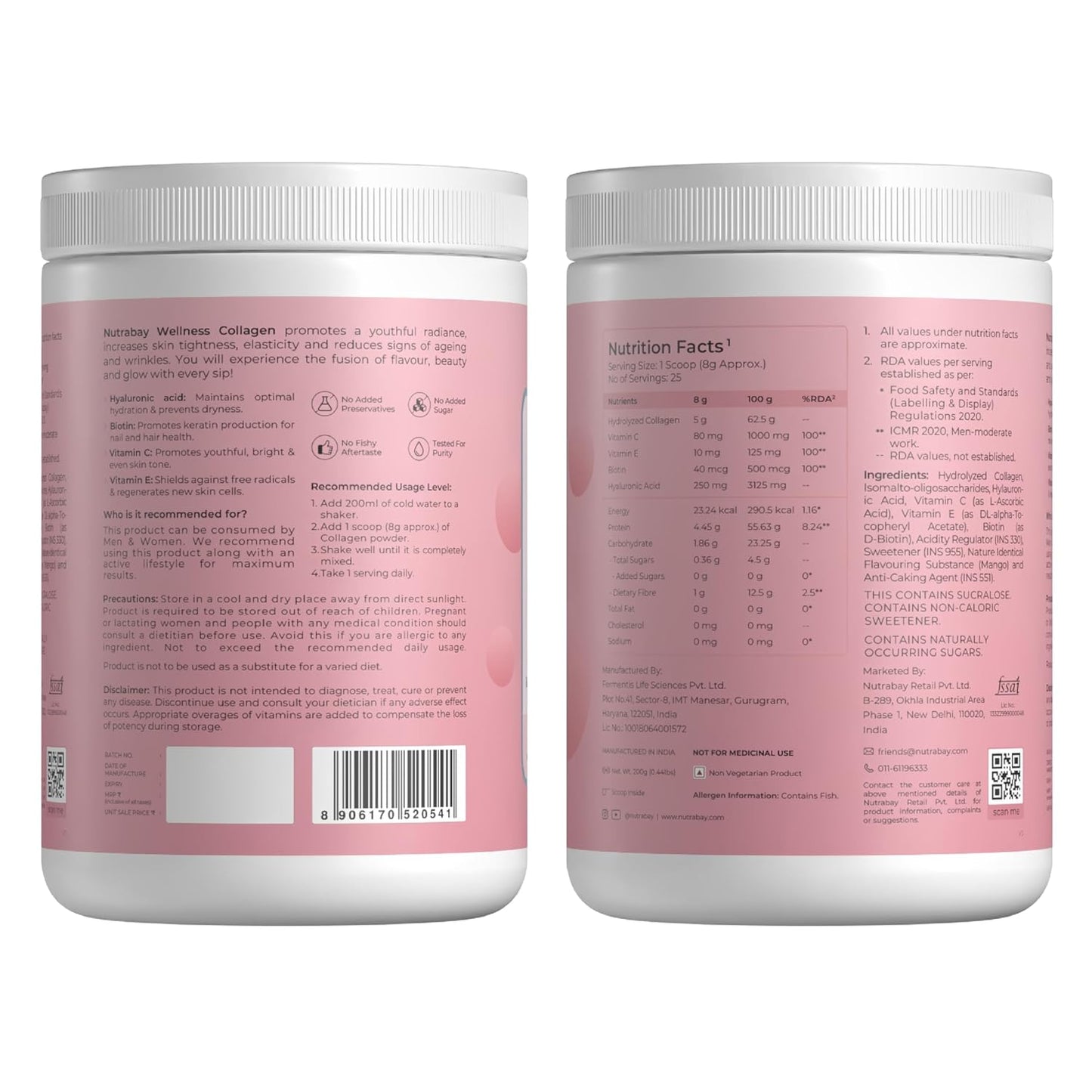 Two containers with pink labels showing nutrition facts and other details on a white background