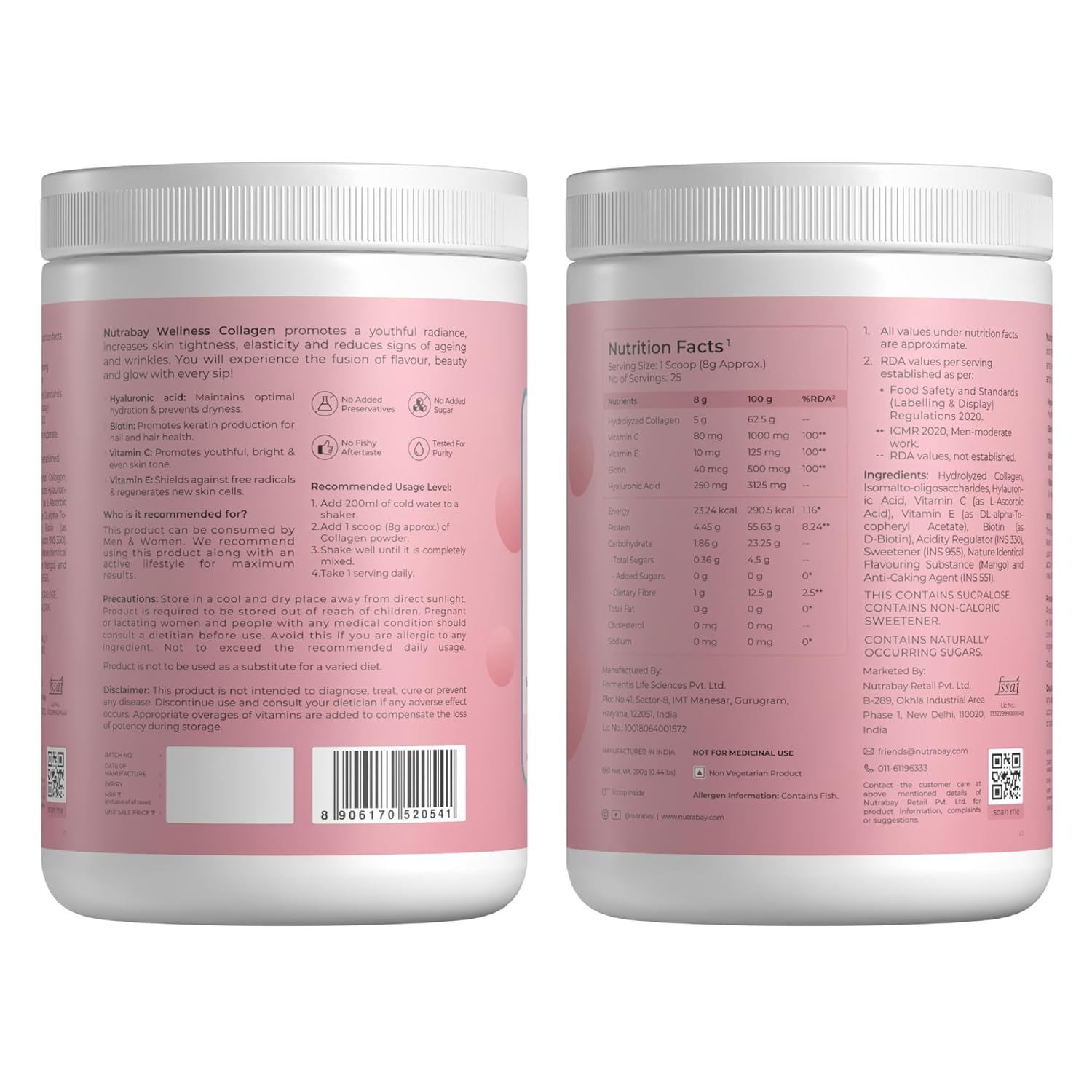 Two containers with pink labels showing nutrition facts and other details on a white background