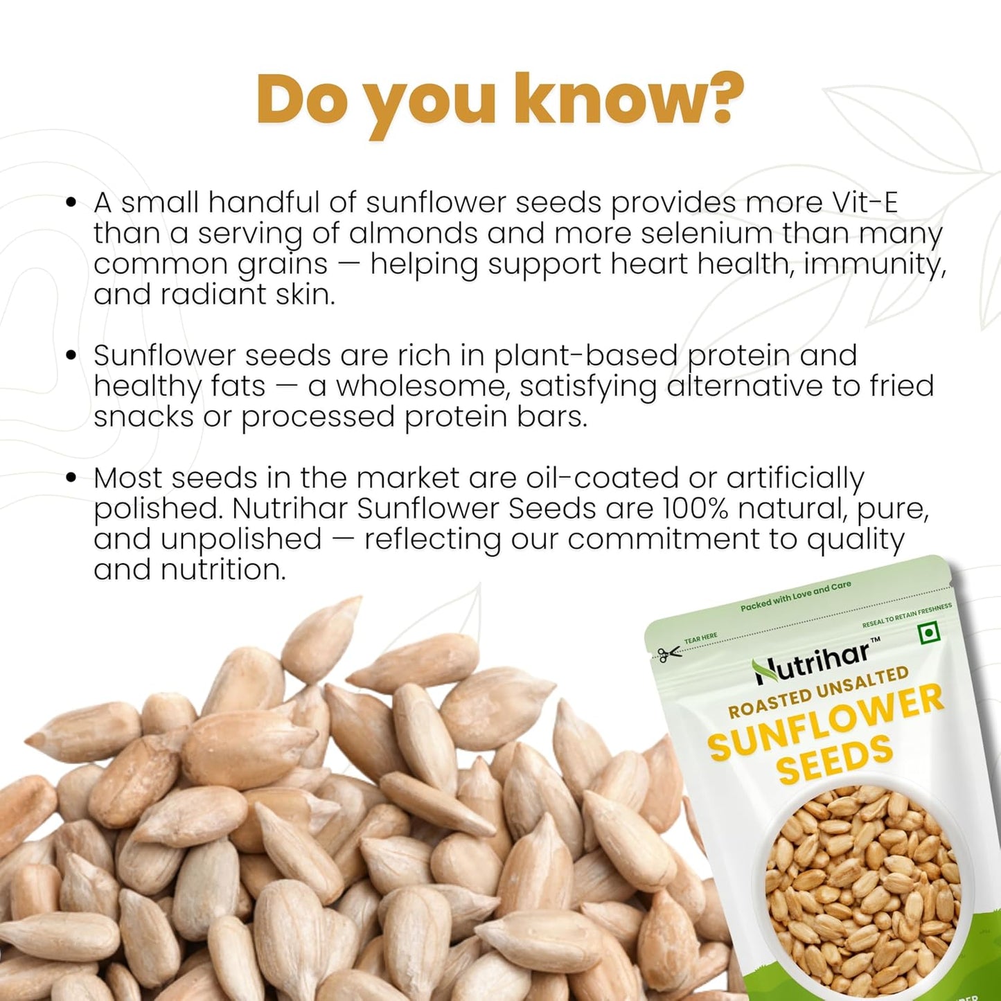 Nutrihar Roasted Sunflower Seeds 100g | Unsalted, Dry Roasted Sunflower Seeds for Eating | No Added Oil | Rich in Vitamin-E & Fibre