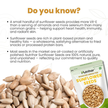 Nutrihar Roasted Sunflower Seeds 100g | Unsalted, Dry Roasted Sunflower Seeds for Eating | No Added Oil | Rich in Vitamin-E & Fibre