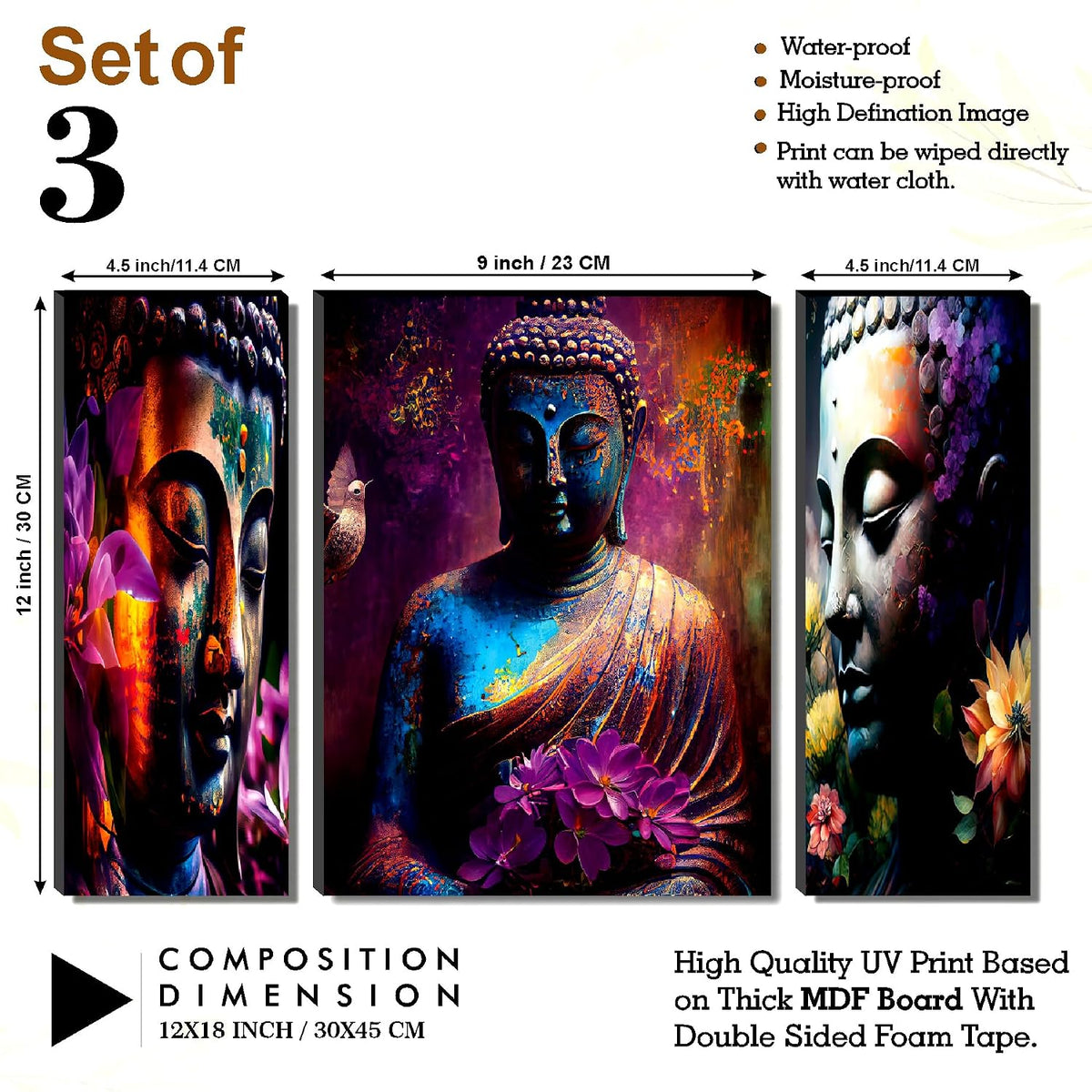 Vibrant Abstract Buddha & Floral Wall Art – 3-Panel UV-Printed Spiritual Triptych | Ready-to-Hang Zen Home Décor (20 Inch x 12 Inch) JM-35298