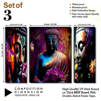 Vibrant Abstract Buddha & Floral Wall Art – 3-Panel UV-Printed Spiritual Triptych | Ready-to-Hang Zen Home Décor (20 Inch x 12 Inch) JM-35298