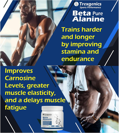 Advertisement for Trexegenics Beta Pure Alanine showing a man exercising with text about its benefits.