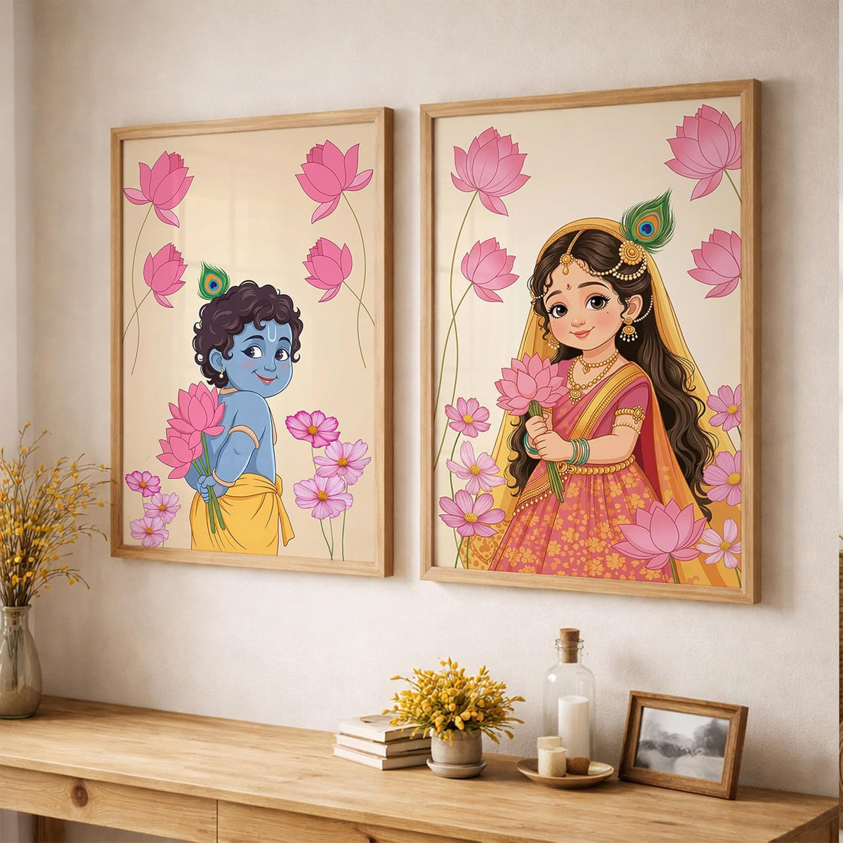 Baby Krishna Radha Wall Art Painting | Set of 2 Framed Paintings | Radha Krishna Decor for Living Room Bedroom Pooja Room | (ART 11, 13x19 INCHES)