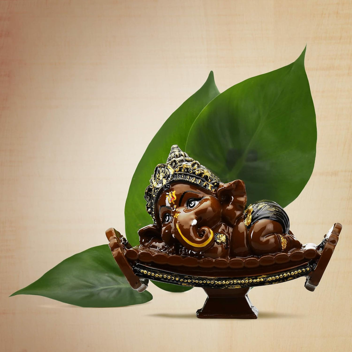 Beautiful Handcrafted Resine Little Ganesha Sitting on dholka Idol Sculpture | Showpiece for Home Decor and Office (BROWN01)