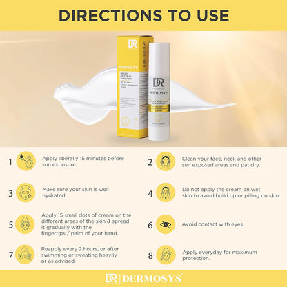Dermosys Sunscreen SPF 50 PA+++ | 50ml Organic & Non Comedogenic SunscreenSPF50 | UVA, UVB & Blue Light Protection | With Hyaluronic Acid & Vitamin C | No White Cast | For All Skin Types