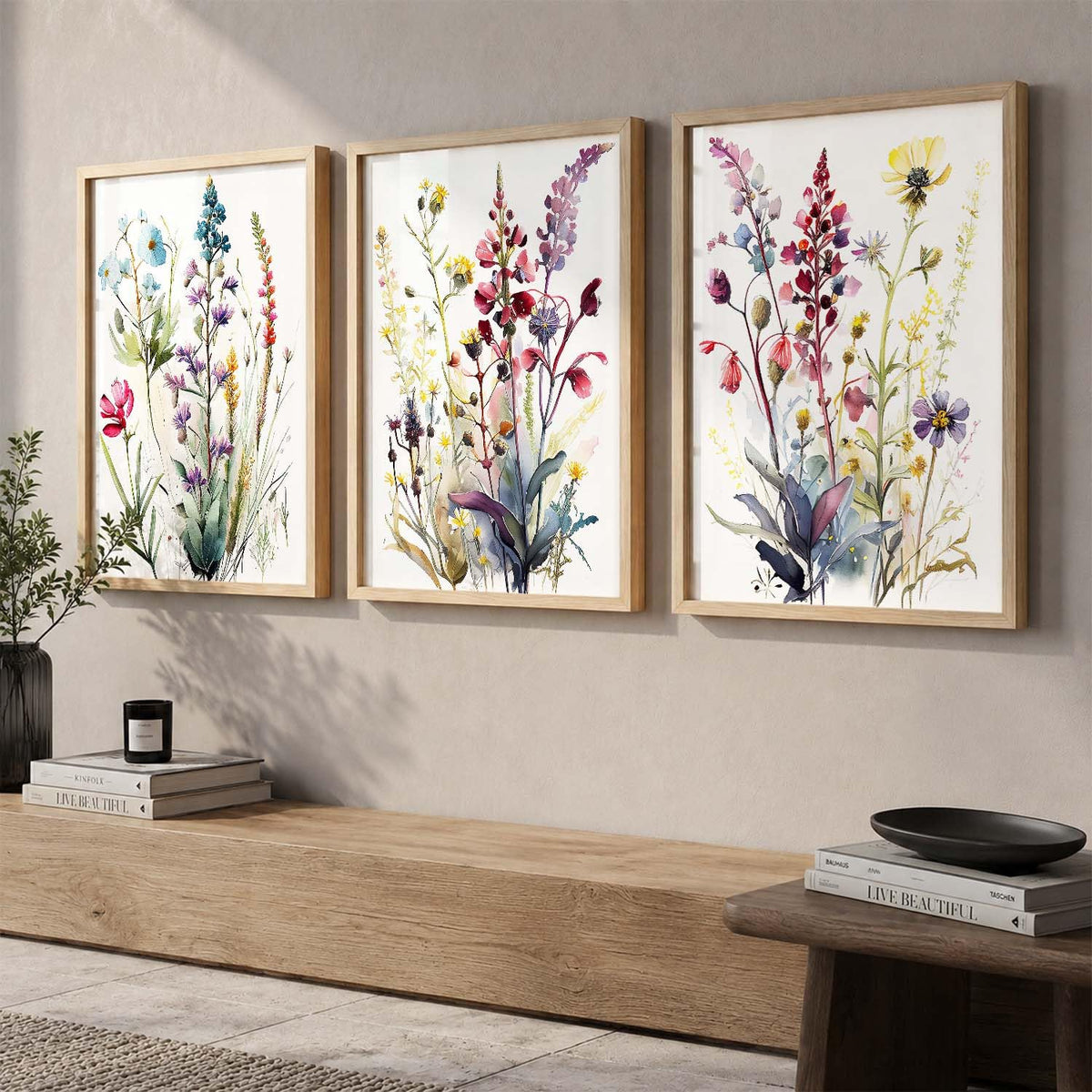 Floral Art Home Decoration Floral Paintings With Frame For Living Room Bed Room Hotel Wall Decor Digital Reprint Set of 3 (13X17 inch)